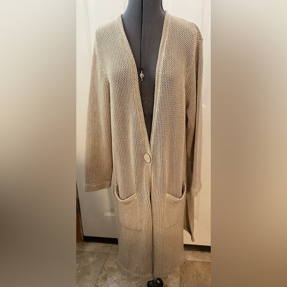 Signature Weekend Cardigan Womens Large Beige Open Knit Long Line Single Button